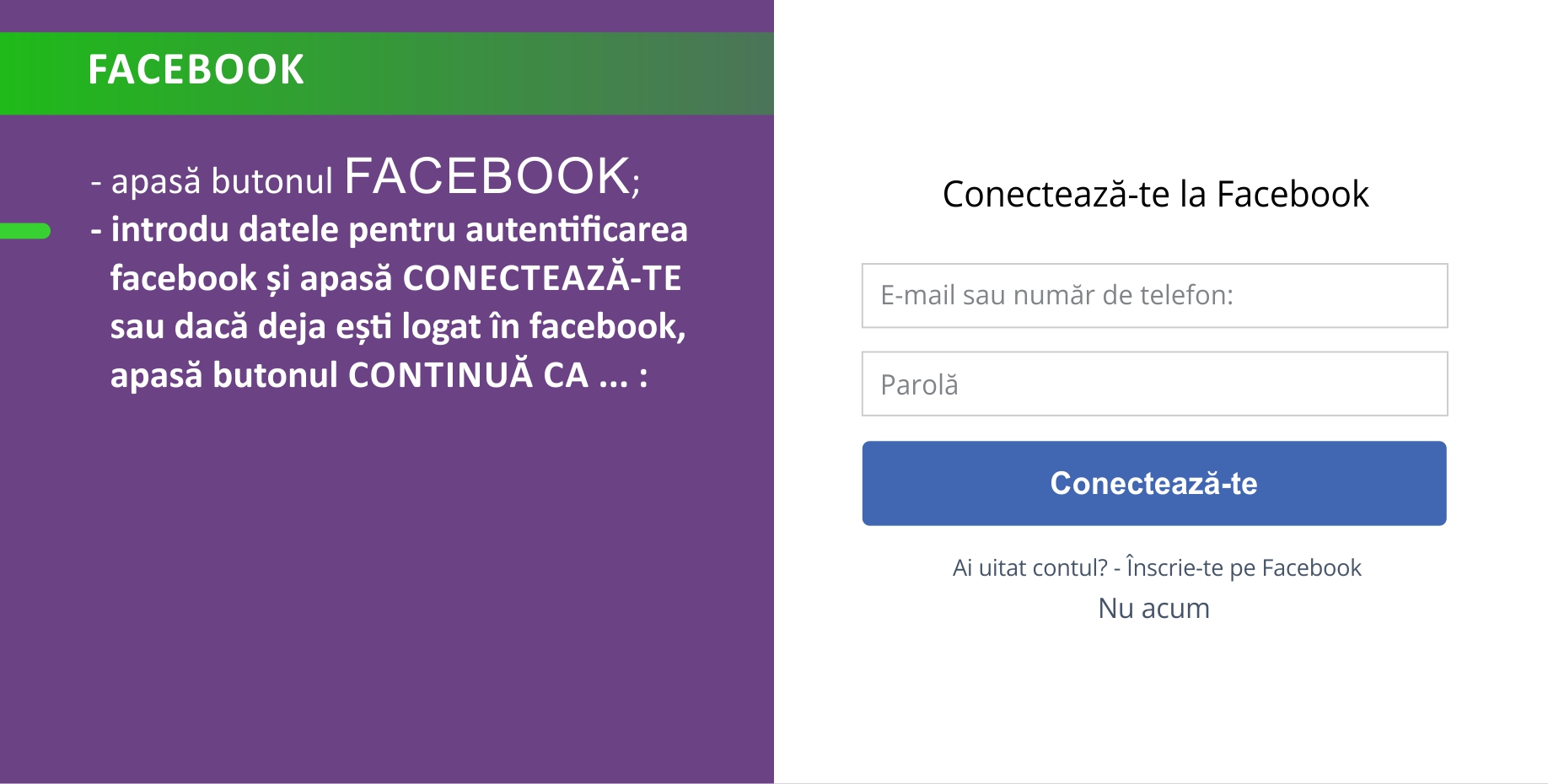 - introdu datele pentru autentificarea facebook și apasă CONECTEAZĂ-TE sau dacă deja ești logat în facebook, apasă butonul ..
