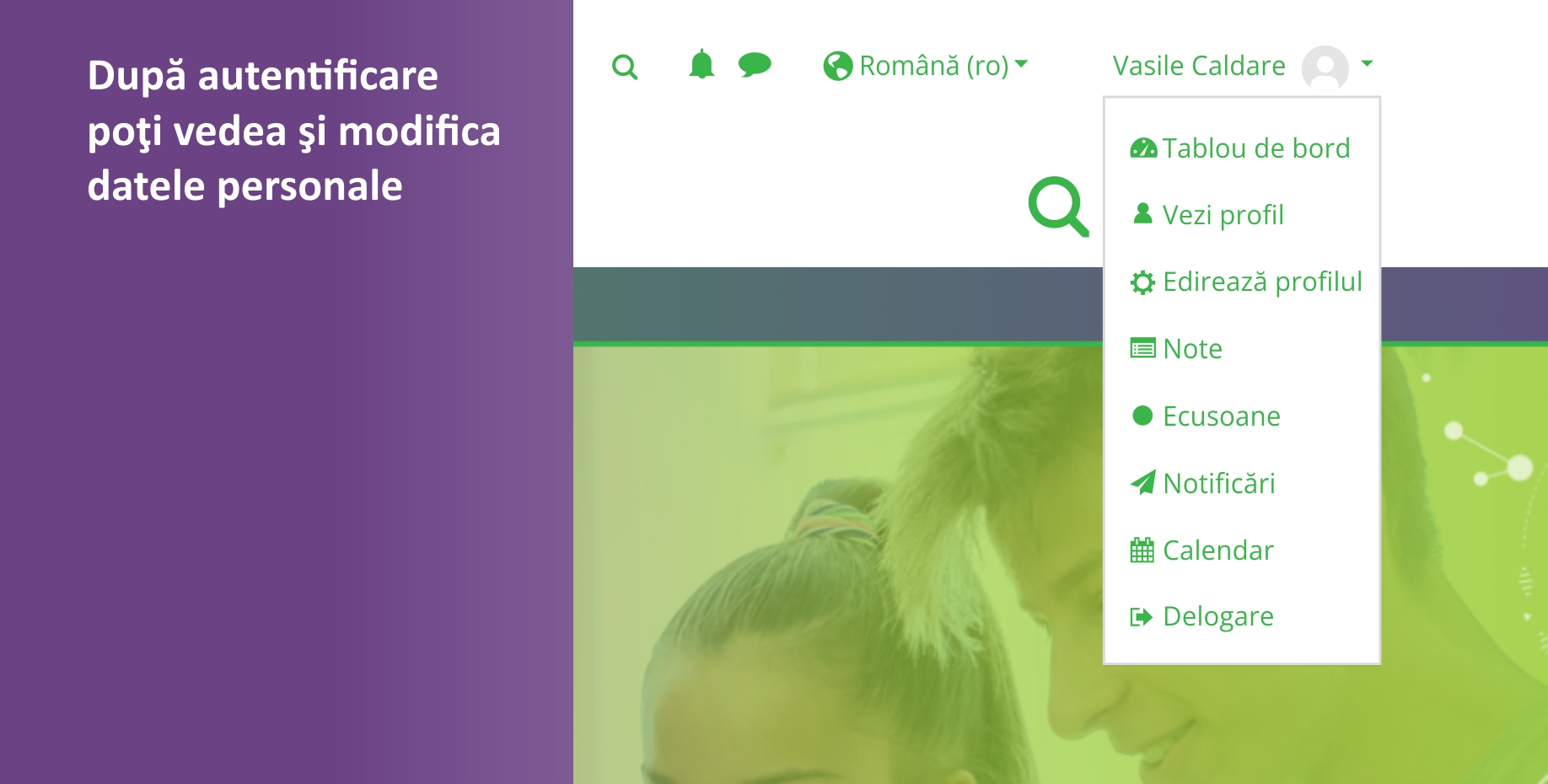 După autentificare poţi vedea şi modifica datele personale