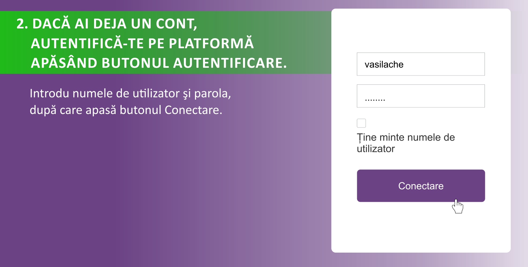 Introdu numele de utilizator şi parola dupa care apasă butonul Conectare.